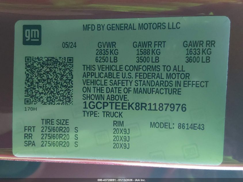 2024 Chevrolet Colorado 4Wd Trail Boss VIN: 1GCPTEEK8R1187976 Lot: 43728891