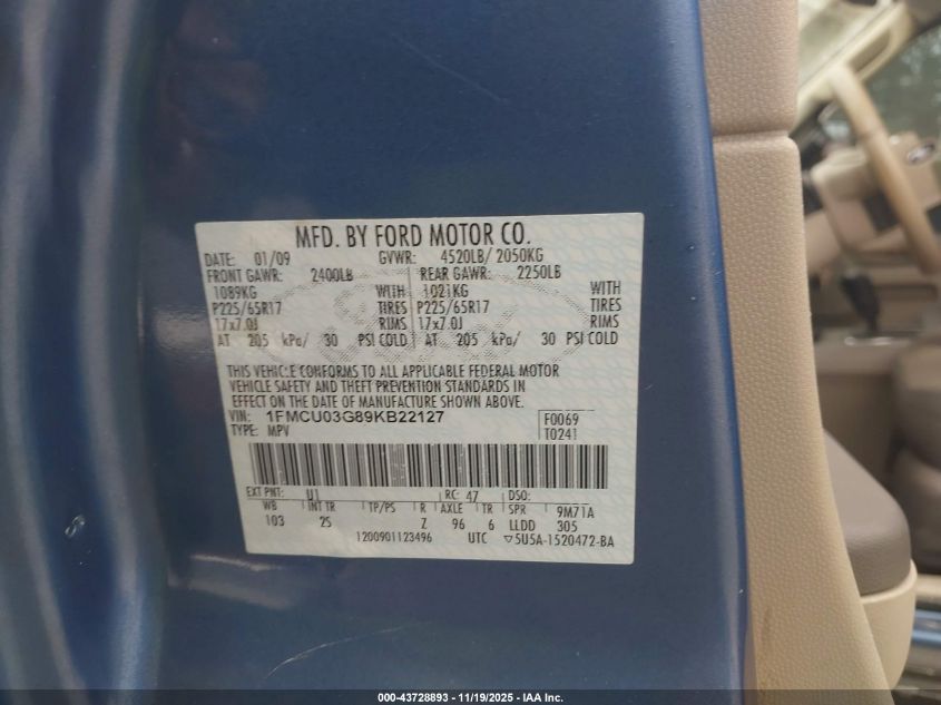 2009 Ford Escape Xlt VIN: 1FMCU03G89KB22127 Lot: 43728893