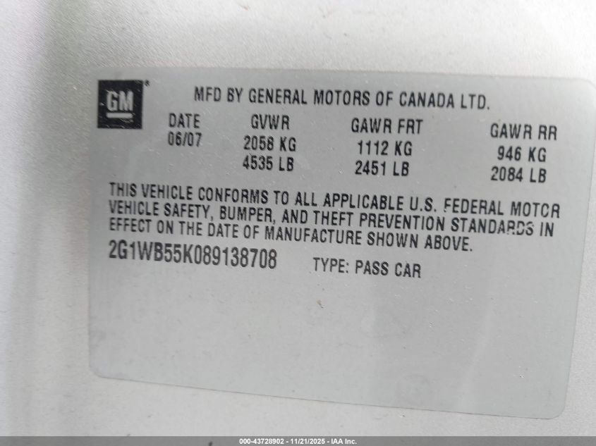 2008 Chevrolet Impala Ls VIN: 2G1WB55K089138708 Lot: 43728902