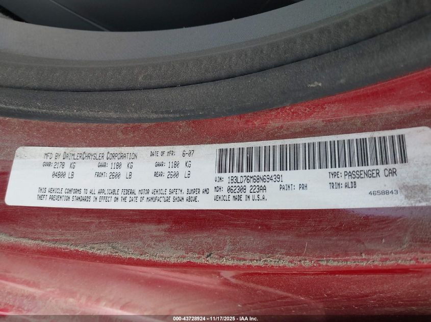 2008 Dodge Avenger R/T VIN: 1B3LD76M68N694391 Lot: 43728924