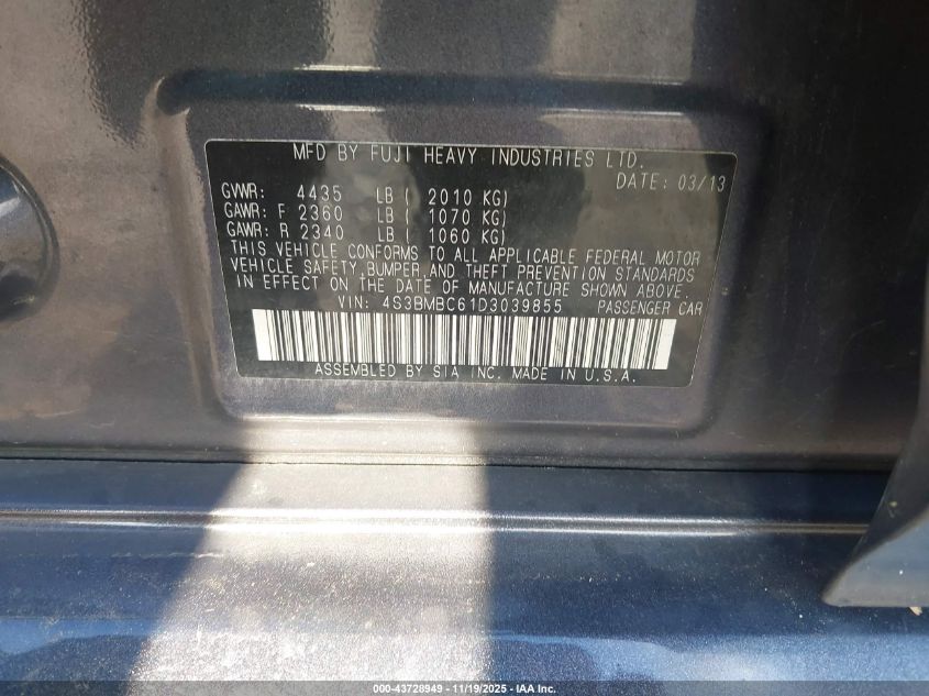 2013 Subaru Legacy 2.5I Premium VIN: 4S3BMBC61D3039855 Lot: 43728949