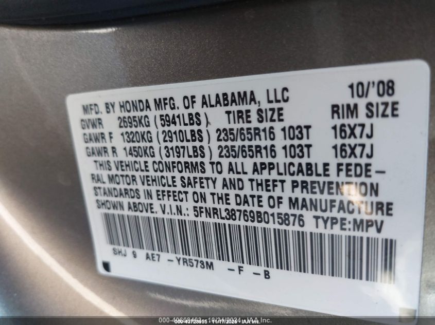 2009 Honda Odyssey Ex-L VIN: 5FNRL38769B015876 Lot: 43728955