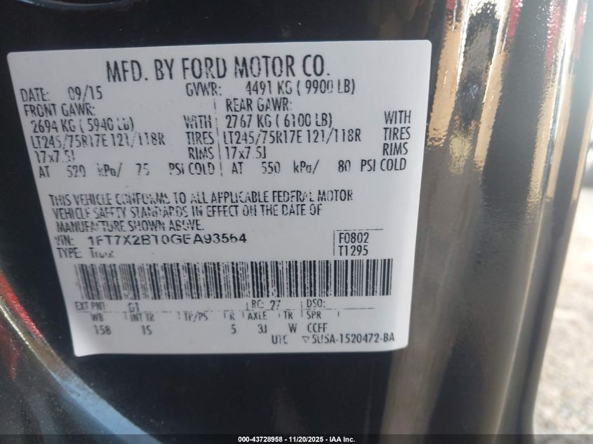 2016 Ford F250 Lariat/Xl/Xlt VIN: 1FT7X2BT0GEA9356 Lot: 43728958