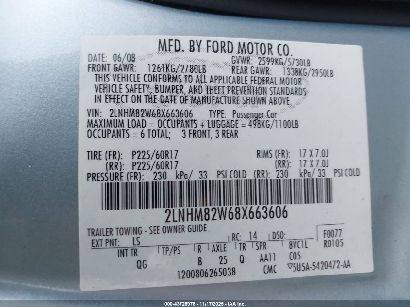 2008 Lincoln Town Car Signature Limited VIN: 2LNHM82W68X663606 Lot: 43728978