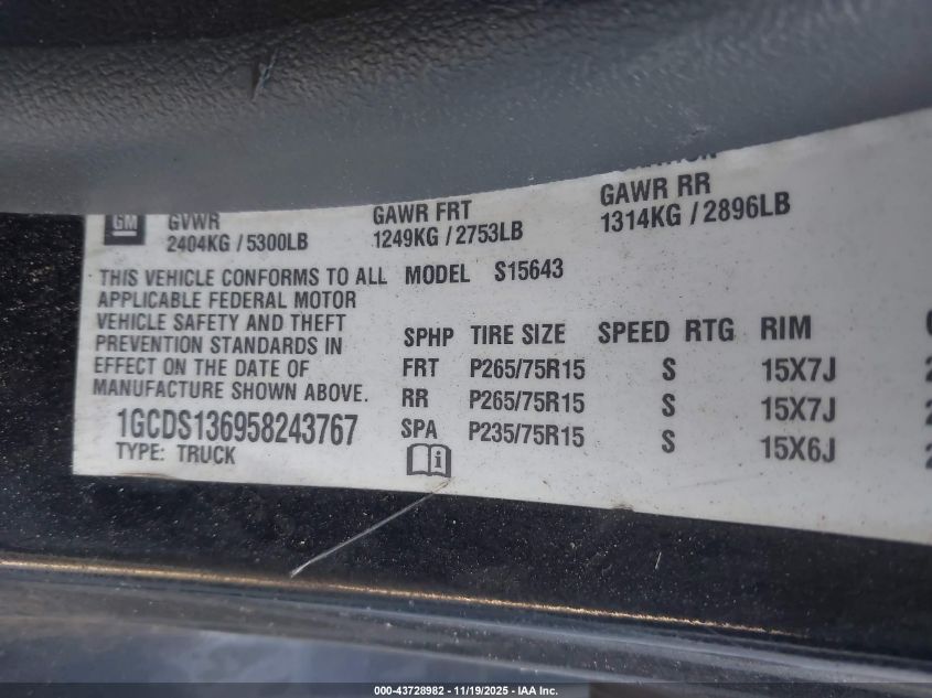 2005 Chevrolet Colorado Ls VIN: 1GCDS136958243767 Lot: 43728982