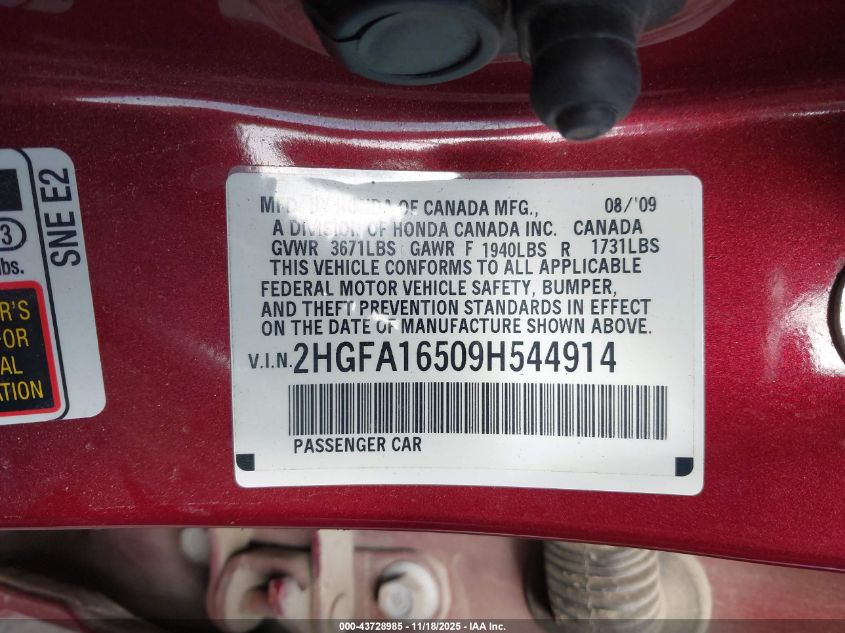2009 Honda Civic Lx VIN: 2HGFA16509H544914 Lot: 43728985
