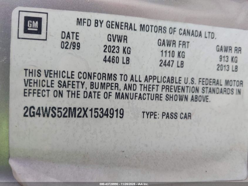 1999 Buick Century Custom VIN: 2G4WS52M2X1534919 Lot: 43728990