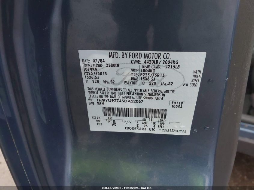 2005 Ford Escape Xls VIN: 1FMYU92Z45DA22067 Lot: 43728992