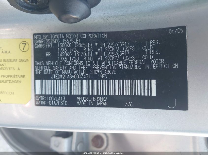 2006 Toyota Highlander Hybrid Limited V6 VIN: JTEDW21A860003431 Lot: 43728996