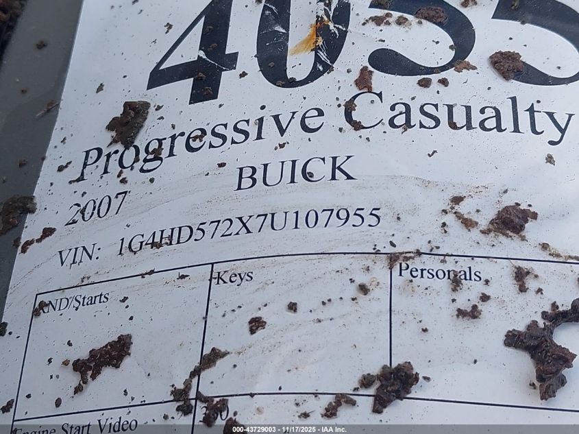 2007 Buick Lucerne Cxl VIN: 1G4HD572X7U107955 Lot: 43729003
