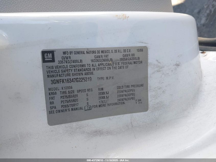 2007 Chevrolet Suburban 1500 Lt VIN: 3GNFK16347G225319 Lot: 43729010