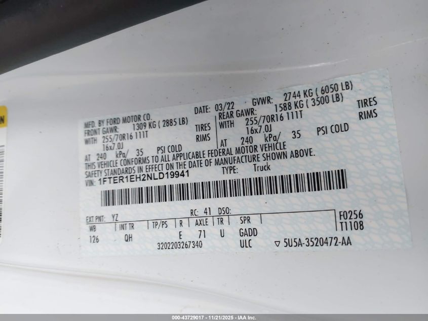 2022 Ford Ranger Xl VIN: 1FTER1EH2NLD19941 Lot: 43729017