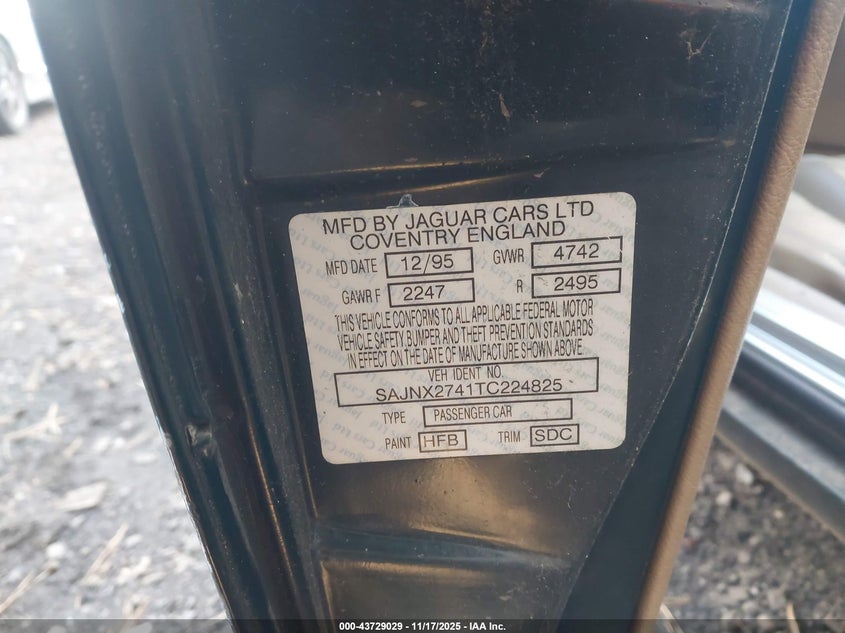 1996 Jaguar Xjs 2+2 VIN: SAJNX2741TC224825 Lot: 43729029