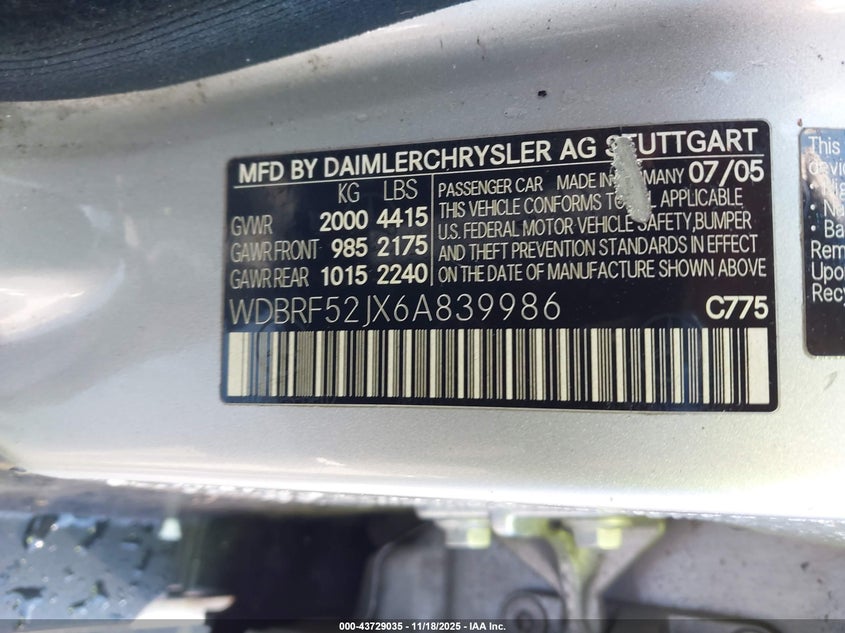 2006 Mercedes-Benz C 230 Sport VIN: WDBRF52JX6A839986 Lot: 43729035