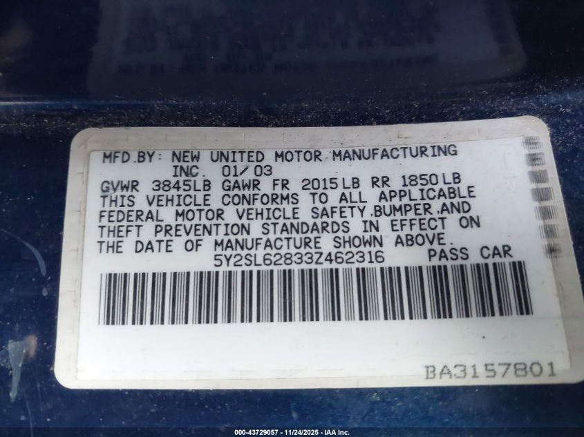 2003 Pontiac Vibe VIN: 5Y2SL62833Z462316 Lot: 43729057