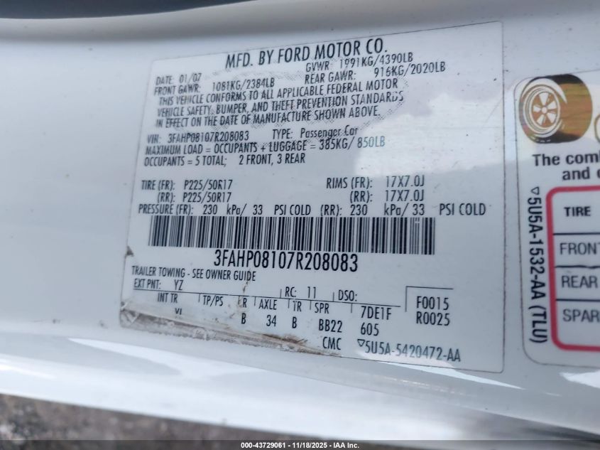 2007 Ford Fusion Sel VIN: 3FAHP08107R208083 Lot: 43729061
