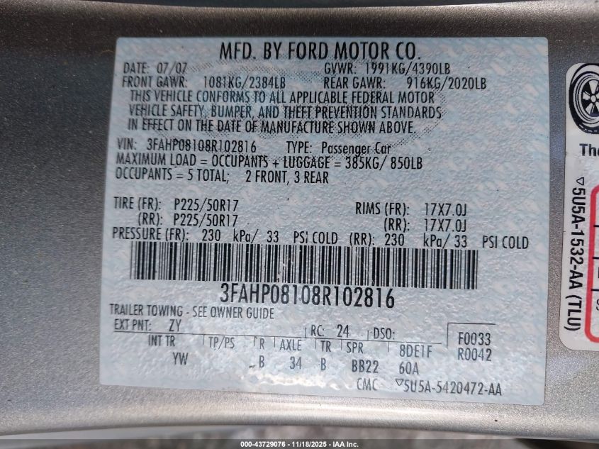 2008 Ford Fusion Sel VIN: 3FAHP08108R102816 Lot: 43729076