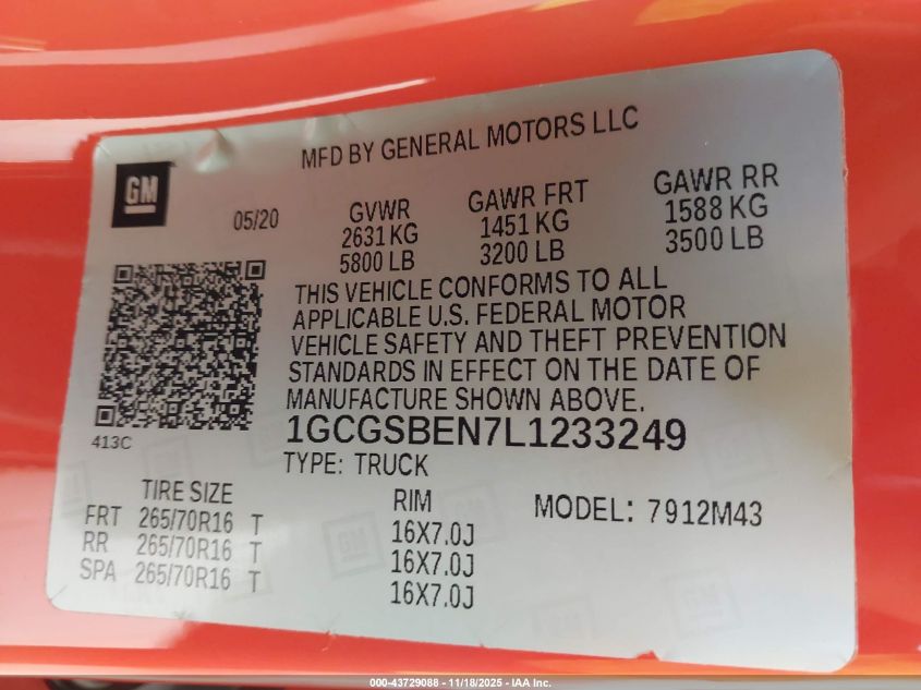 2020 Chevrolet Colorado 2Wd Short Box Wt VIN: 1GCGSBEN7L1233249 Lot: 43729088