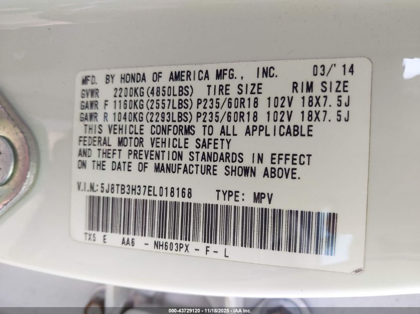 2014 Acura Rdx VIN: 5J8TB3H37EL018168 Lot: 43729120