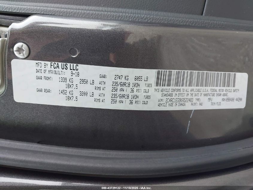 2019 Chrysler Pacifica Touring L Plus VIN: 2C4RC1EG9KR522483 Lot: 43729122