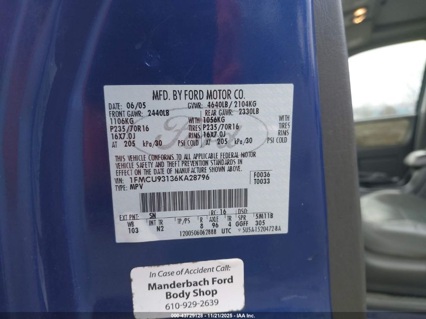 2006 Ford Escape Xlt/Xlt Sport VIN: 1FMCU93136KA28796 Lot: 43729128