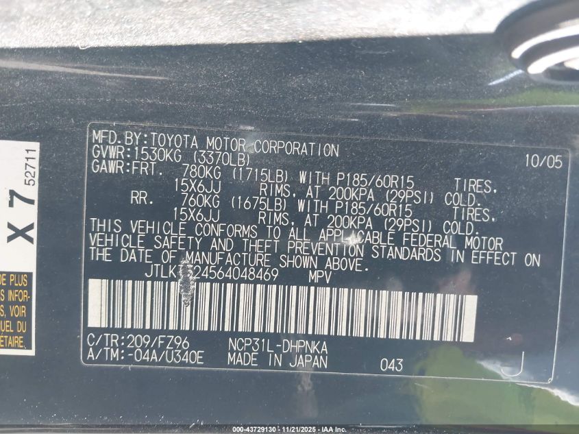 2006 Scion Xb VIN: JTLKT324564048469 Lot: 43729130