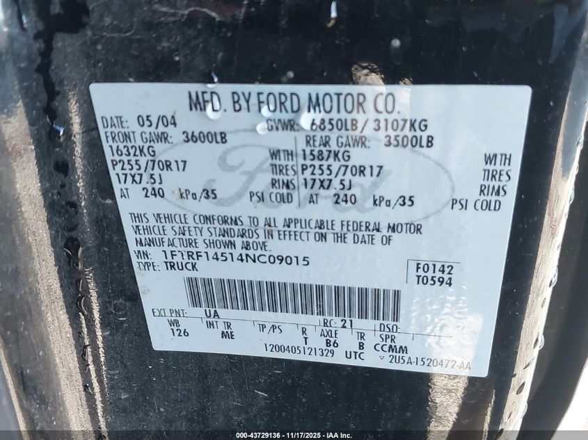 2004 Ford F-150 Fx4/Xl/Xlt VIN: 1FTRF14514NC09015 Lot: 43729136
