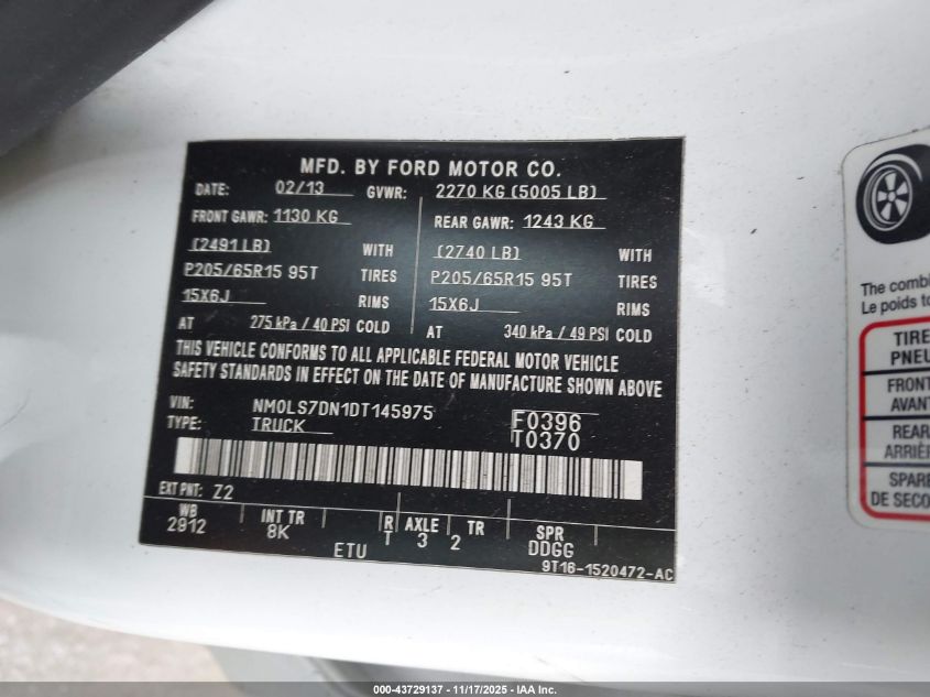 2013 Ford Transit Connect Xlt VIN: NM0LS7DN1DT145975 Lot: 43729137