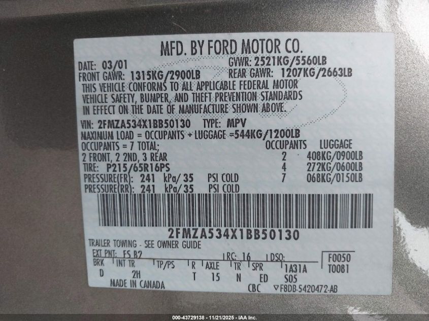 2001 Ford Windstar Sel VIN: 2FMZA534X1BB50130 Lot: 43729138