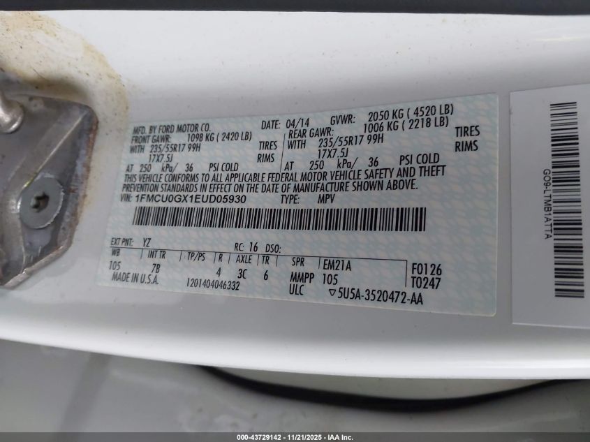 2014 Ford Escape Se VIN: 1FMCU0GX1EUD05930 Lot: 43729142