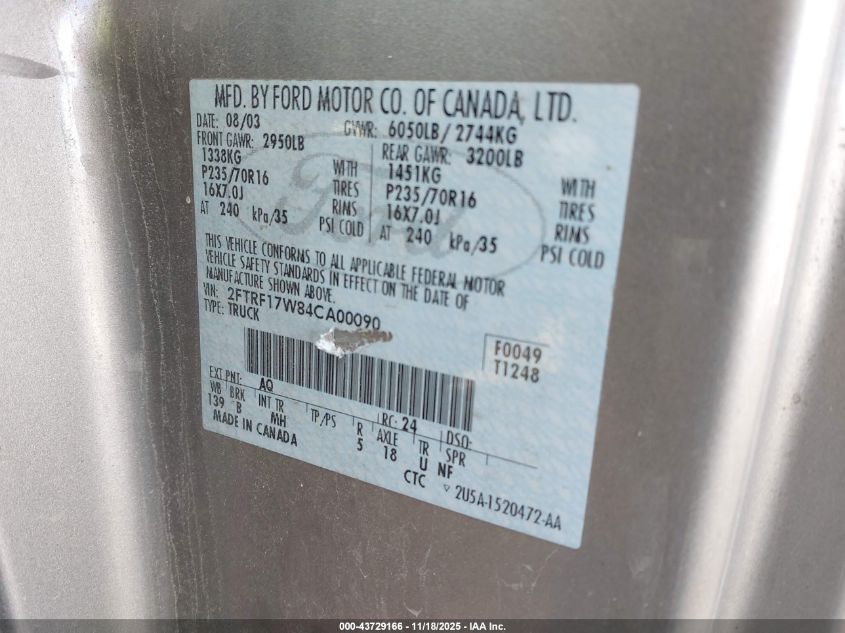 2004 Ford F-150 Heritage Xl/Xlt VIN: 2FTRF17W84CA00090 Lot: 43729166