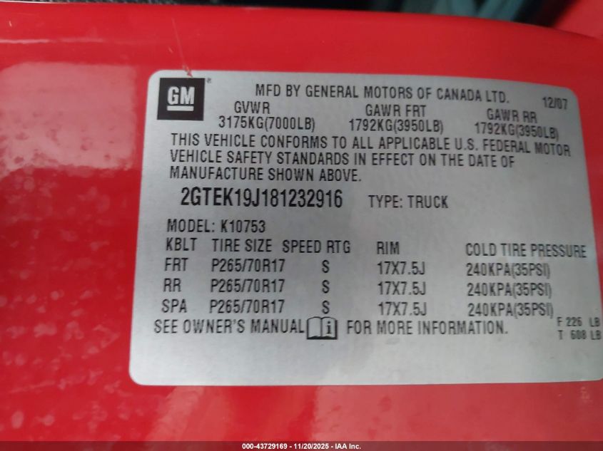 2008 GMC Sierra 1500 Sle1 VIN: 2GTEK19J181232916 Lot: 43729169