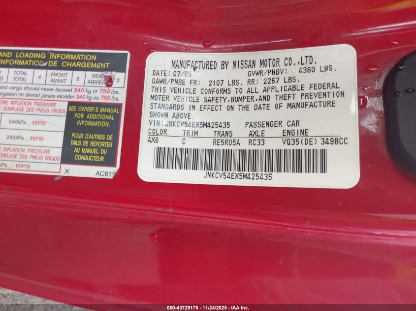 2005 Infiniti G35 VIN: JNKCV54EX5M425435 Lot: 43729178