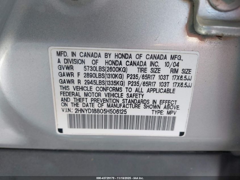 2005 Acura Mdx VIN: 2HNYD18805H506125 Lot: 43729179