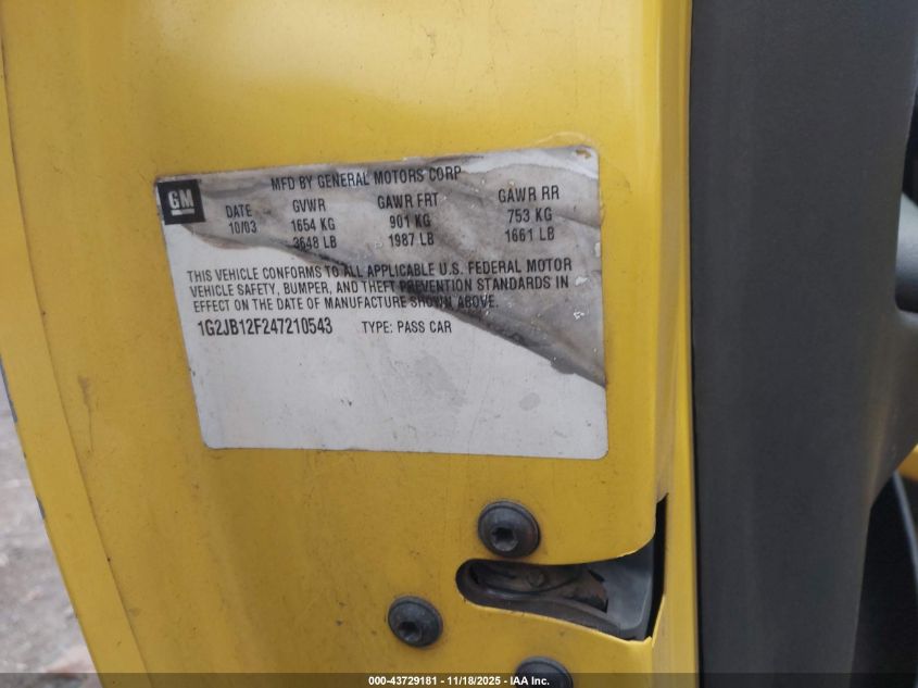 2004 Pontiac Sunfire VIN: 1G2JB12F247210543 Lot: 43729181