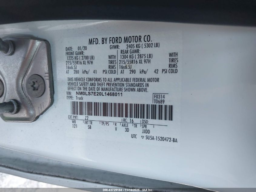 2020 Ford Transit Connect Xl VIN: NM0LS7E20L1468011 Lot: 43729184