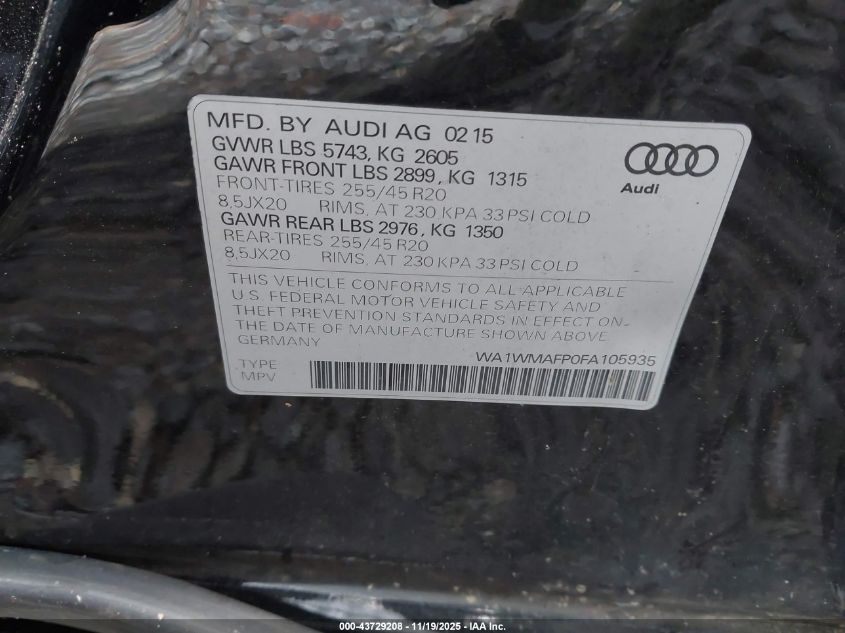 2015 Audi Q5 3.0 Tdi Premium Plus VIN: WA1WMAFP0FA105935 Lot: 43729208