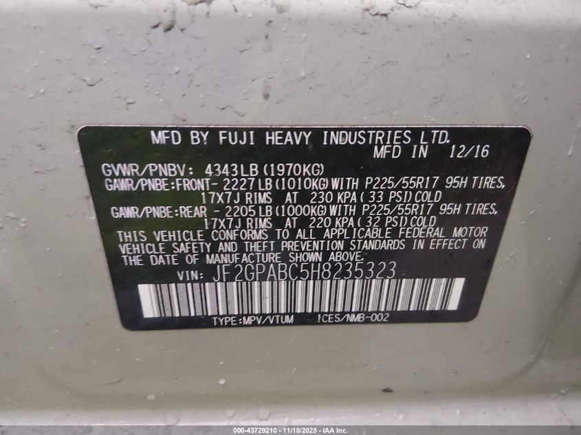 2017 Subaru Crosstrek 2.0I Premium VIN: JF2GPABC5H8235323 Lot: 43729210