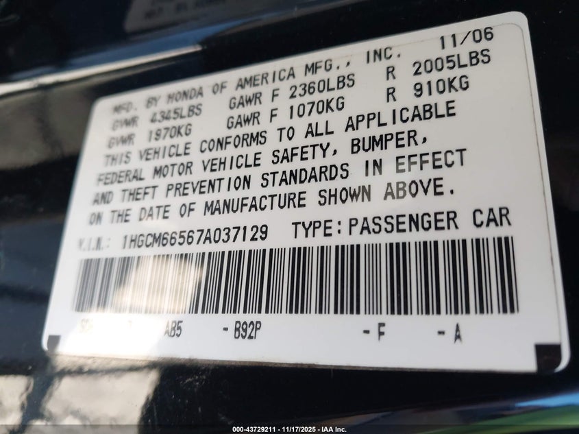 1HGCM66567A037129 2007 HONDA ACCORD photo no. 9