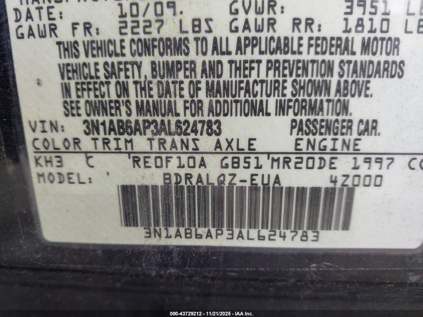 2010 Nissan Sentra 2.0 VIN: 3N1AB6AP3AL624783 Lot: 43729212