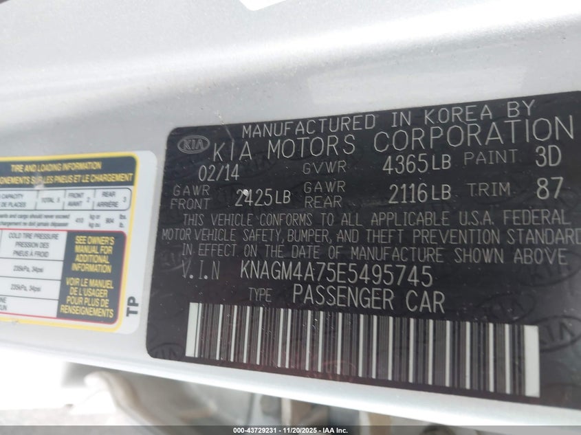KNAGM4A75E5495745 2014 KIA OPTIMA photo no. 9