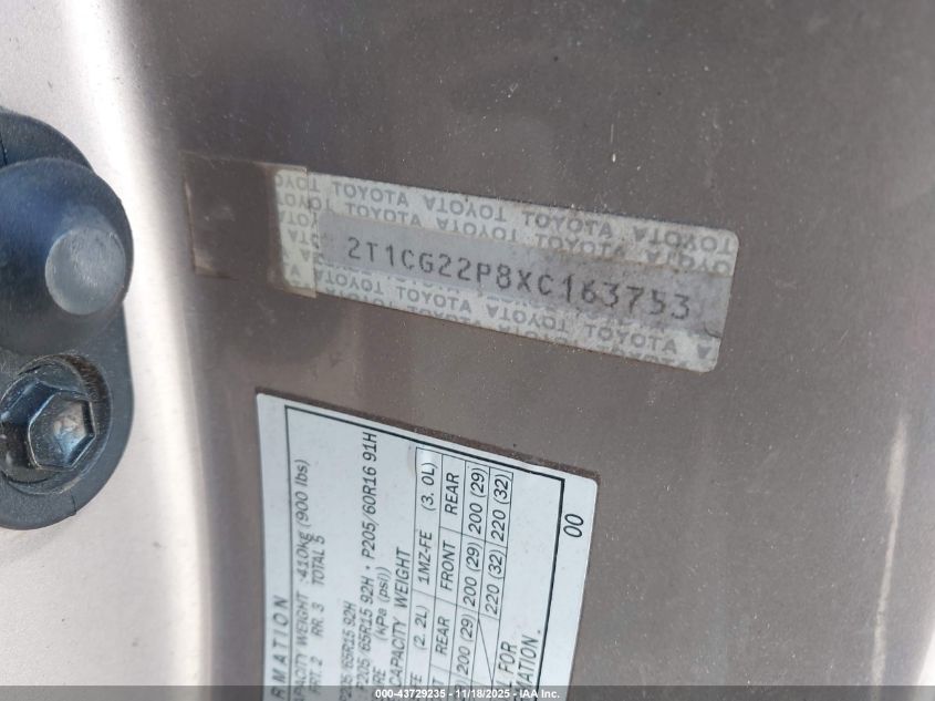 1999 Toyota Camry Solara Se VIN: 2T1CG22P8XC163753 Lot: 43729235