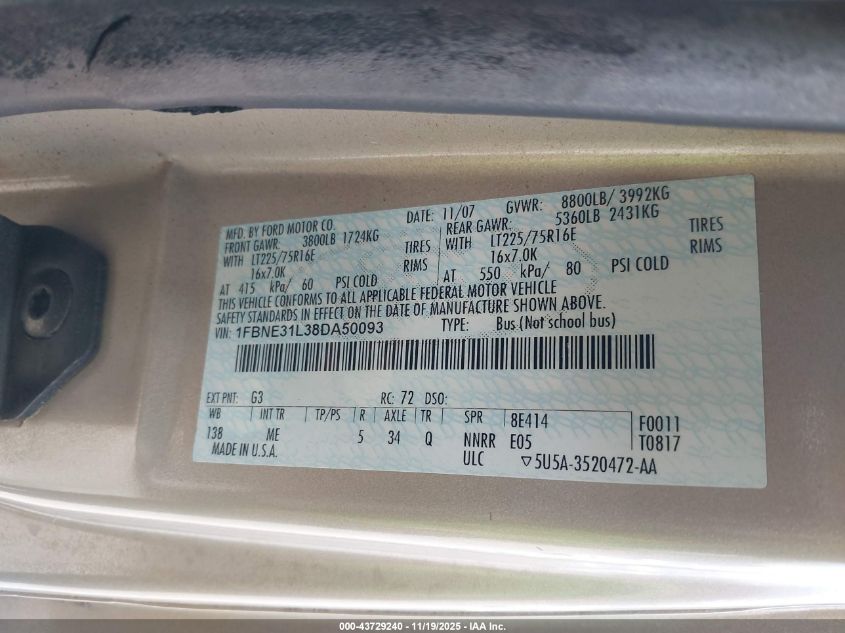 2008 Ford E-350 Super Duty Xl/Xlt VIN: 1FBNE31L38DA50093 Lot: 43729240