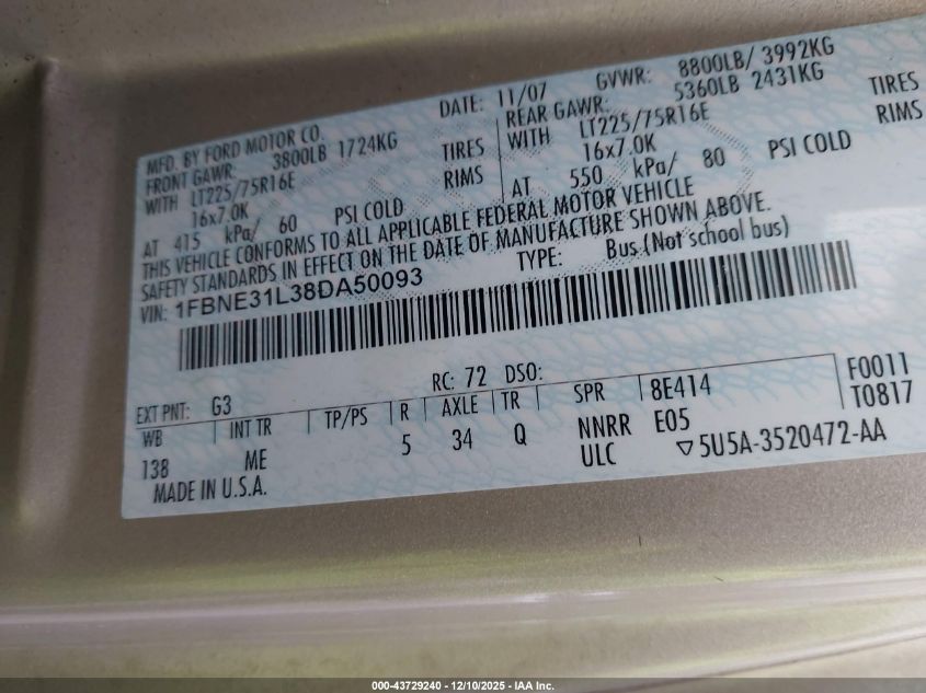 2008 Ford E-350 Super Duty Xl/Xlt VIN: 1FBNE31L38DA50093 Lot: 43729240