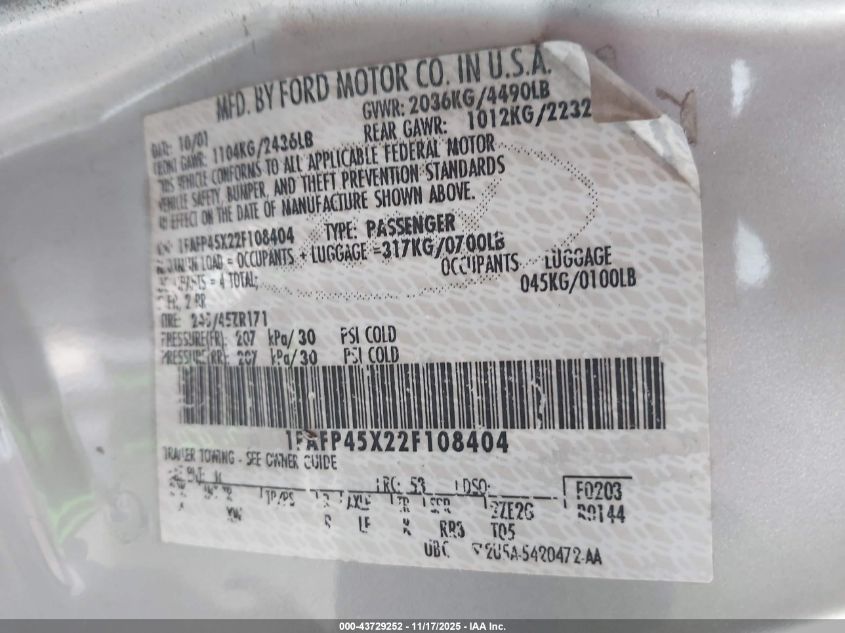 2002 Ford Mustang Gt VIN: 1FAFP45X22F108404 Lot: 43729252