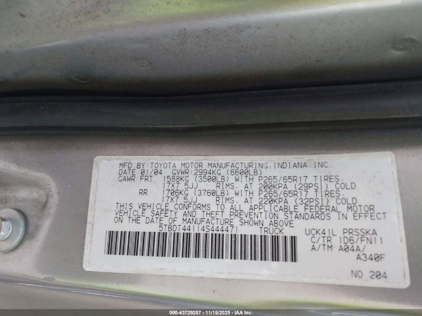 2004 Toyota Tundra Sr5 V8 VIN: 5TBDT44114S444471 Lot: 43729257