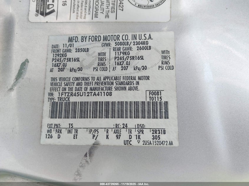 2002 Ford Ranger Edge/Xlt VIN: 1FTZR45U12TA41108 Lot: 43729265