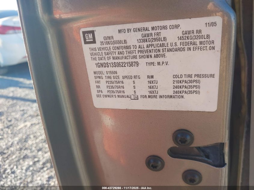 2006 Chevrolet Trailblazer Ls VIN: 1GNDS13S062215879 Lot: 43729266