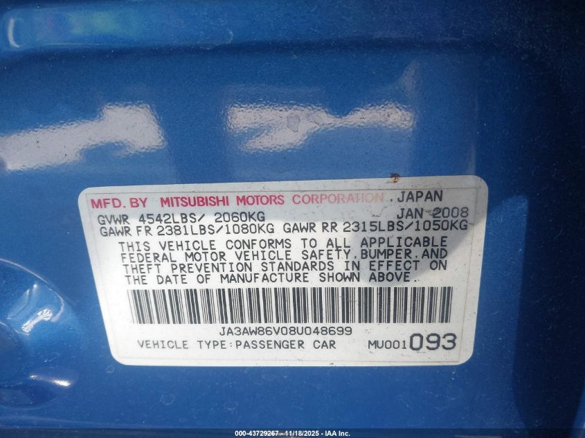 2008 Mitsubishi Lancer Evolution Gsr VIN: JA3AW86V08U048699 Lot: 43729267