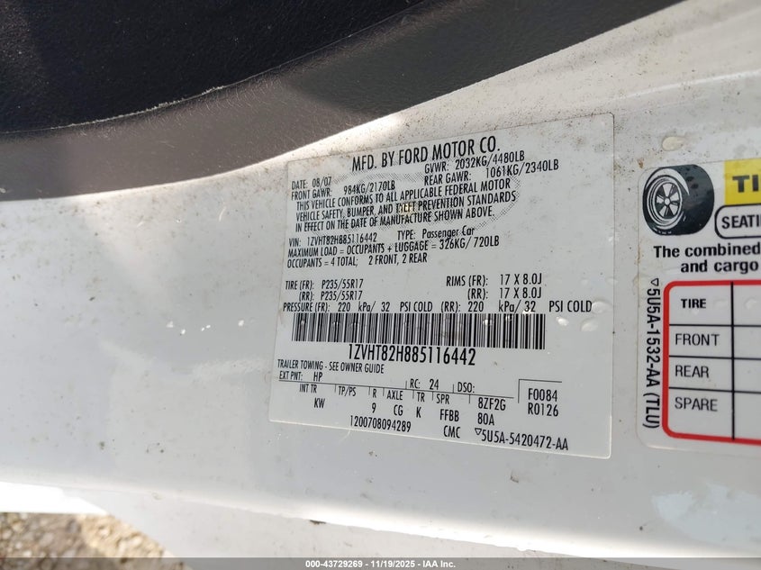 2008 Ford Mustang Gt Deluxe/Gt Premium VIN: 1ZVHT82H885116442 Lot: 43729269